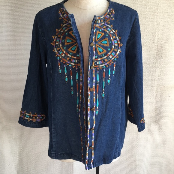 Bob Mackie Vintage Embroidered Denim Shirt Jacket - Picture 3 of 8